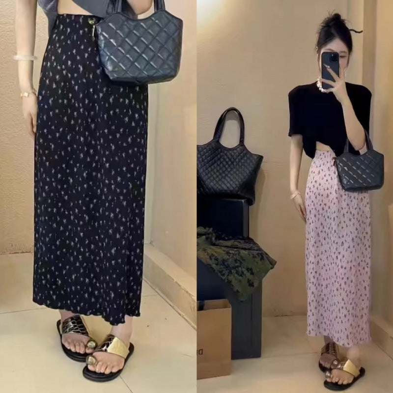 Voguable grunge outfits French Style Retro Tight Loose Waist Floral Skirt Women's Summer New Small High Waist Drape Pleated Split A- line Skirt voguable