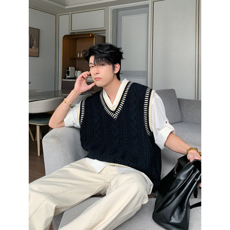 Voguable mens fashion Shanlitadi Autumn and Winter College Style Twist Sweater Men's Casual V-neck Vest Sweater Korean Style Loose Waistcoat Top voguable