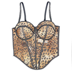Voguable cheetah halloween costume Sexy Leopard Print Stitching Bra Strap High-Grade Inner Mesh Lace Transparent Outer Wear Fishbone Bra voguable