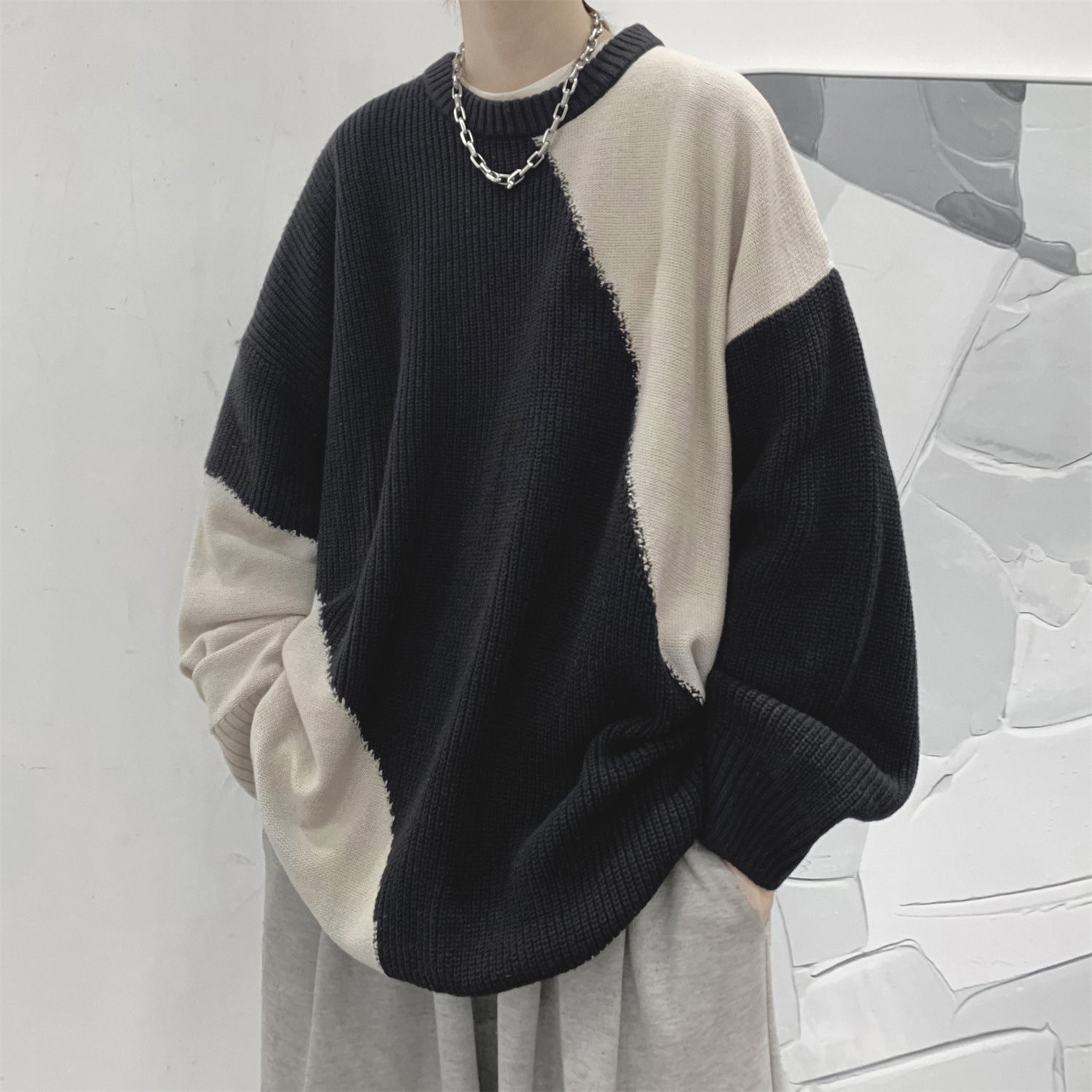 Voguable 90s streetwear round Neck Sweater Men's Winter New Fashion Brand Sweater Coat Design Sense Niche Stitching Contrast Color Sweater voguable