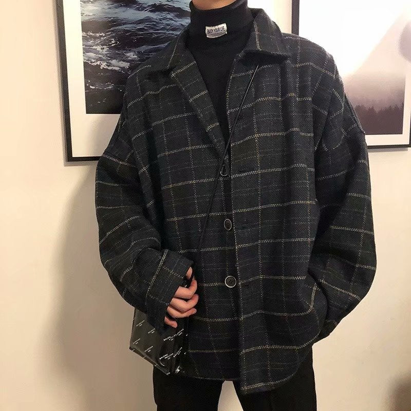 Voguable mens fashion Autumn and Winter Woolen Plaid Jacket Men's Loose Korean Chic Retro Hong Kong Style Trendy Casual All-Matching Top Jacket voguable