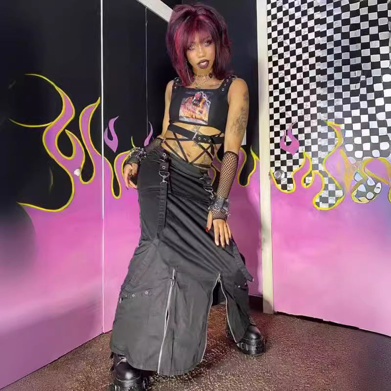 Voguable 2000s fashion Autumn New Women's Clothing Street Hipster Workwear Style Zipper Slit High Waist Mid-Length Skirt voguable