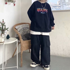 Voguable 90s streetwear Men's Stitching Overalls Spring and Autumn New Loose Korean Style Drawstring Casual Pants Youth Gas Straight Pants voguable
