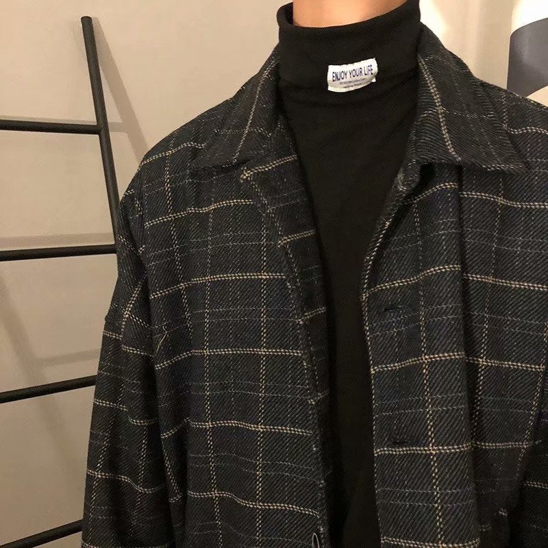 Voguable mens fashion Autumn and Winter Woolen Plaid Jacket Men's Loose Korean Chic Retro Hong Kong Style Trendy Casual All-Matching Top Jacket voguable