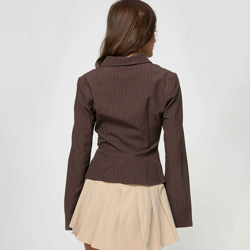 Voguable outfit inspo Elegant Commuter Style Lapel Bell Sleeve Striped Shirt Women's Bag Buckle Cardigan Slim Waist Tight Top New voguable