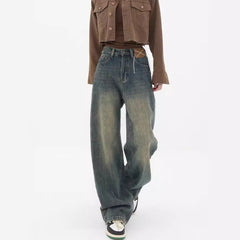 Voguable 90s streetwear Summer New Retro Washed Distressed Straight Jeans Women's High Waist Loose All-Match Wide-Leg Mopping Pants voguable