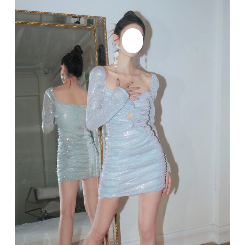 Voguable nerdy dress to impress New French Socialite Dinner Dress Sequined Pleated Twisted Long Sleeve Dress Women's Slim-Fit Elegant Hip Skirt voguable