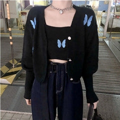 Voguable outfit Autumn New Korean Style Preppy Style Butterfly Embroidered Princess Sleeve Short Sling Coat Two-Piece Cardigan for Women voguable