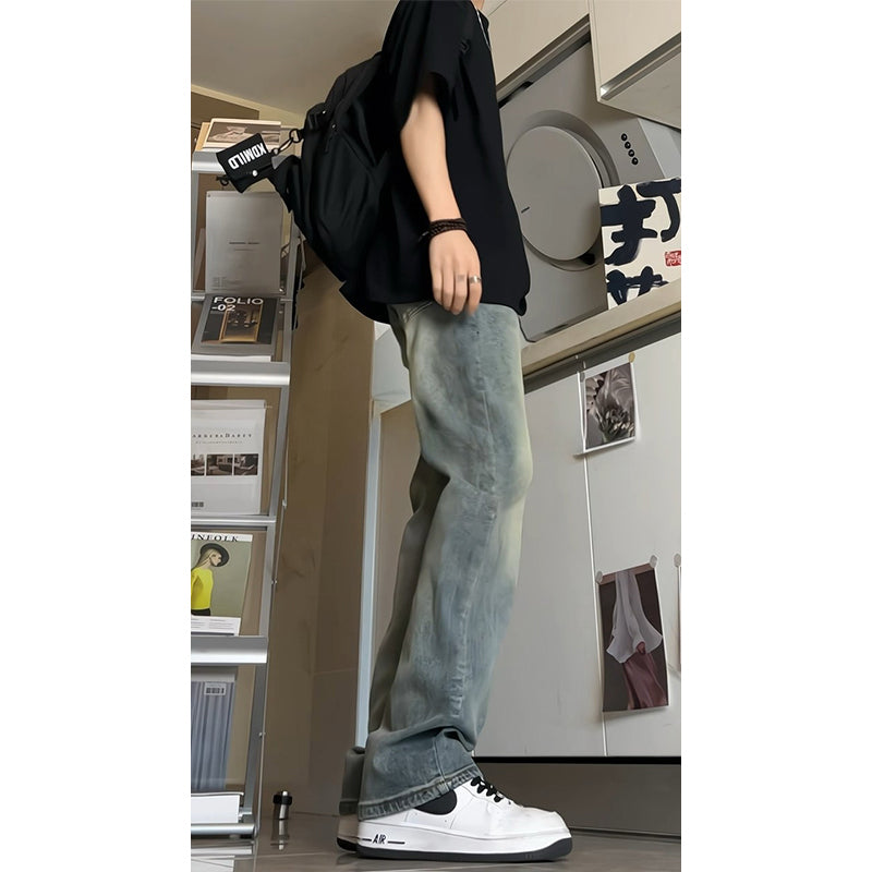 Voguable masc outfits Retro Blue Narrow Slim Jeans Men's Summer Vintage Washed American Pants High Waist Slimming Flared Pants voguable