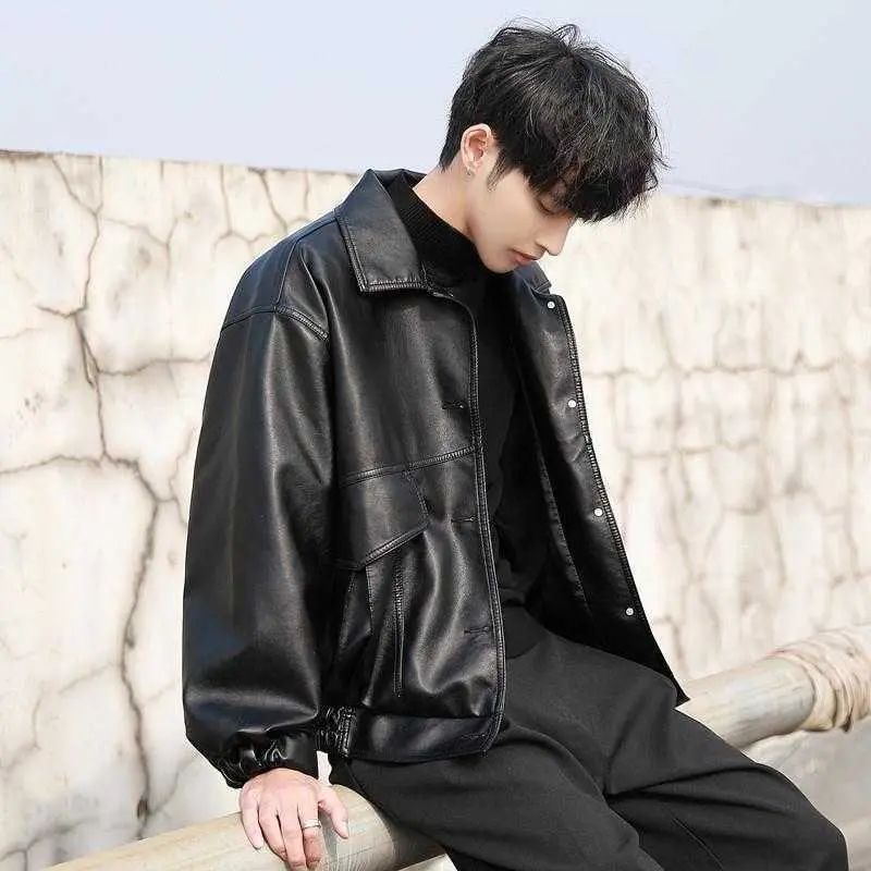 Voguable bomber jacket Korean Style Trendy Loose Leather Jacket Men's Short Motorcycle Clothing Student Pilot Leather Jacket Spring and Autumn plus Size Coat voguable