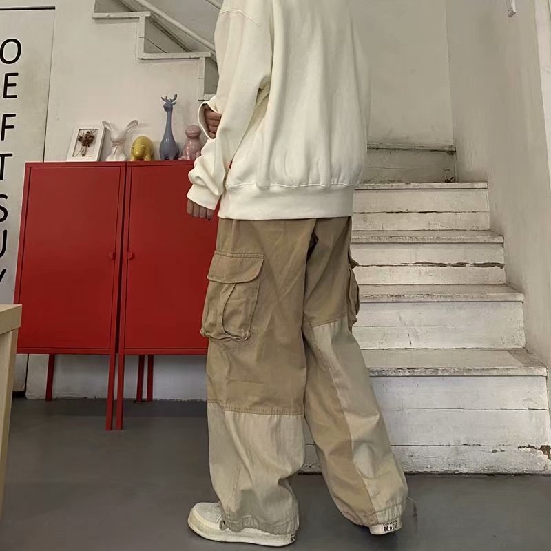 Voguable 90s streetwear Men's Stitching Overalls Spring and Autumn New Loose Korean Style Drawstring Casual Pants Youth Gas Straight Pants voguable