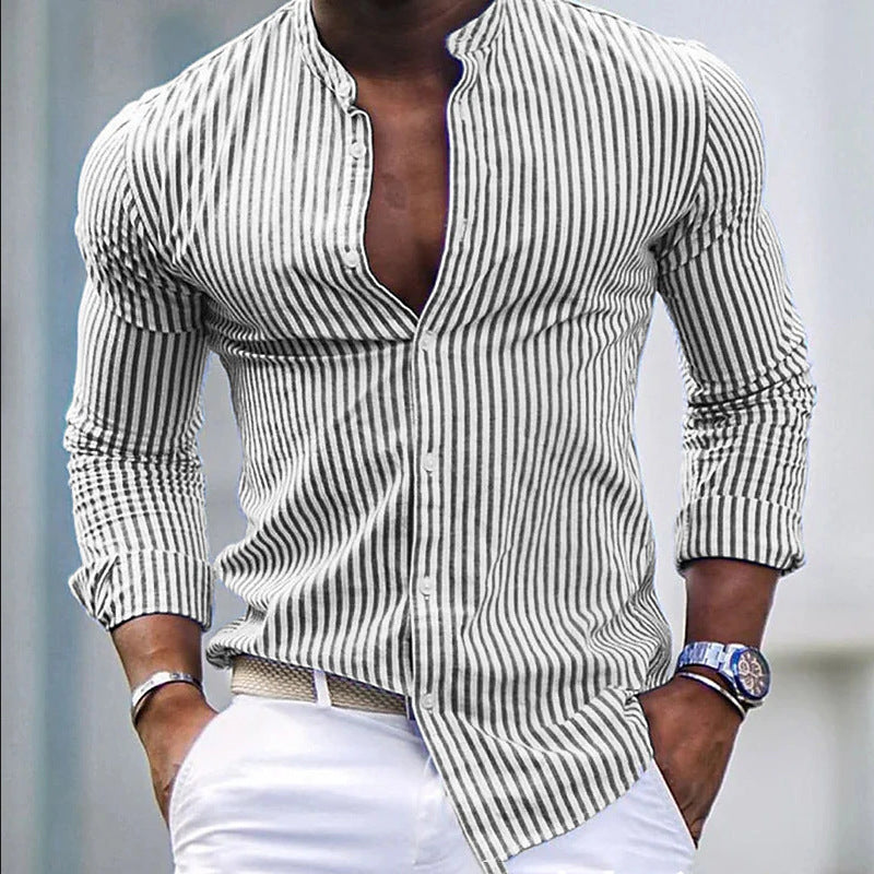 Voguable  Men's New High Quality Striped Simple Comfortable Long Sleeve Button Shirt voguable