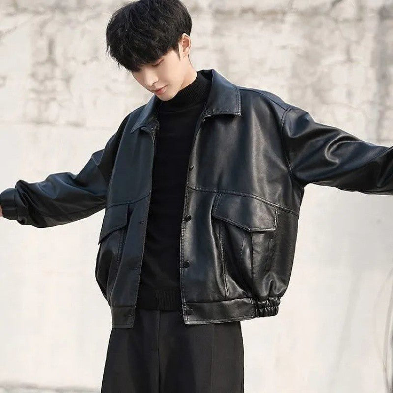 Voguable bomber jacket Korean Style Trendy Loose Leather Jacket Men's Short Motorcycle Clothing Student Pilot Leather Jacket Spring and Autumn plus Size Coat voguable