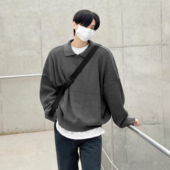 Voguable mens fashion Myq Lapel Long-Sleeved Sweater Men's Autumn Korean Style Loose High-Grade Lazy Style Solid Color Polo Collar Sweater voguable
