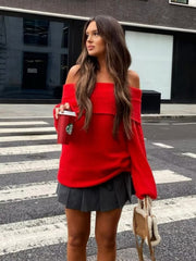Voguable 2000s fashion Women's Winter Women's off-Shoulder Sexy Slim Solid Color Pullover B62839 voguable