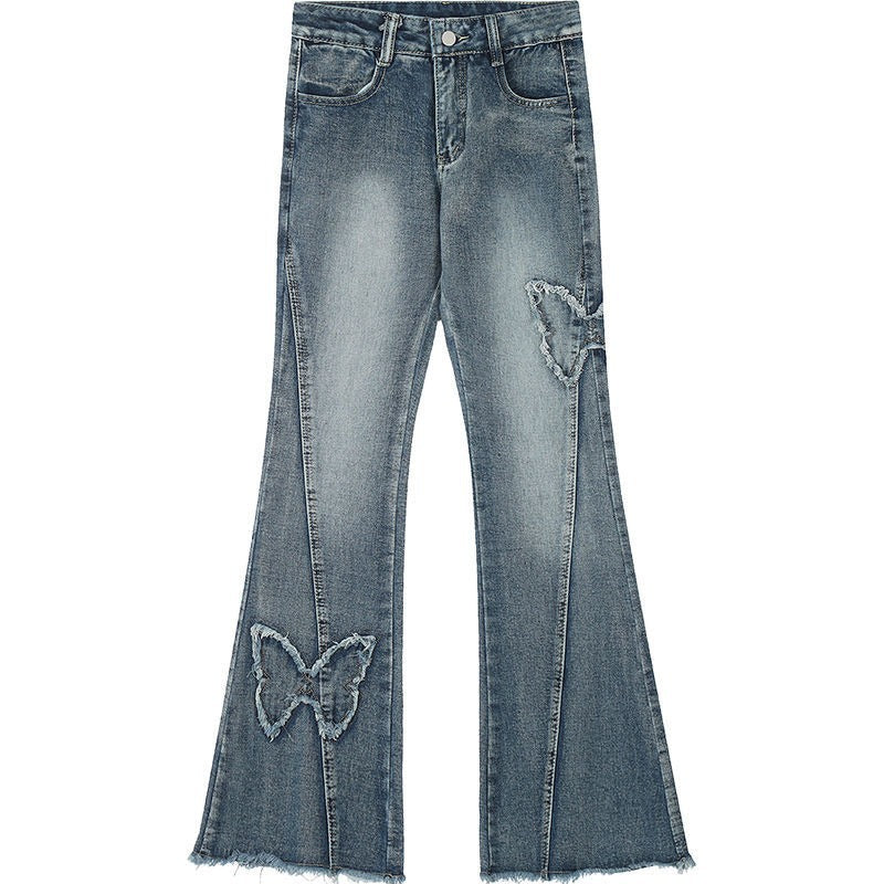 Voguable 2000s fashion American Retro Butterfly Embroidered Micro Flared Jeans for Women New Popular Design High Waist Mopping Pants voguable