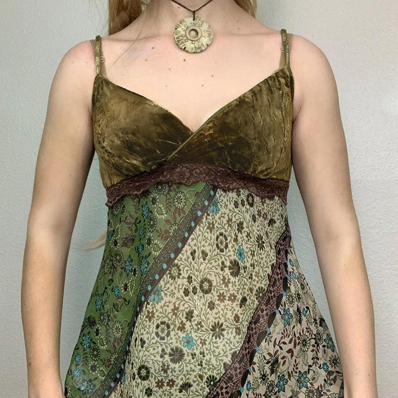 Voguable outfit inspo Retro Pastoral Mori Floral Print Camisole Women's V-neck Loose Lace Stitching Irregular Vest voguable