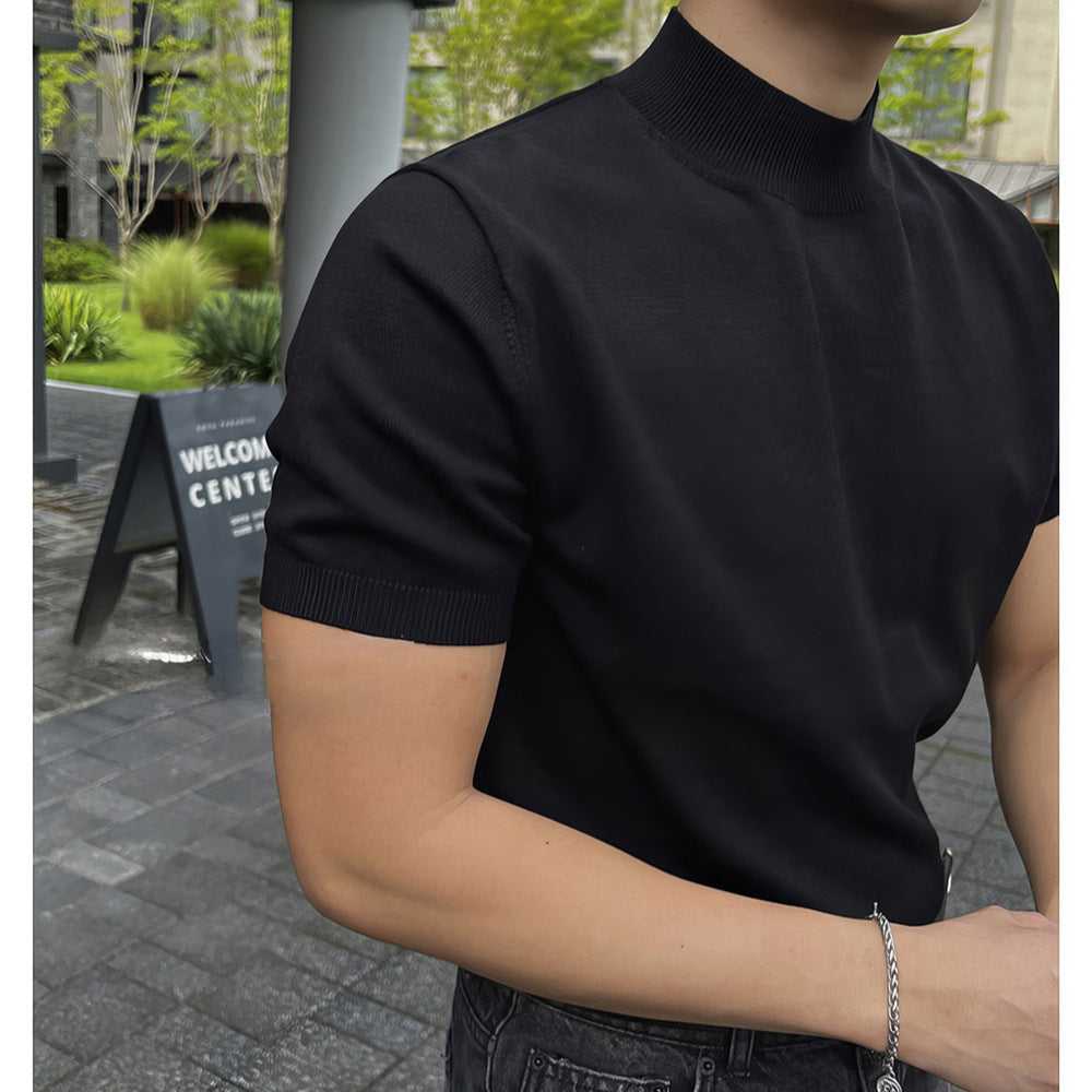 Voguable black men fashion urban Black Half Turtleneck Pullover Knitted T-shirt Men's American-Style Men's Short-Sleeved Sweater Trendy Slim Bottoming Half-Sleeved Shirt voguable