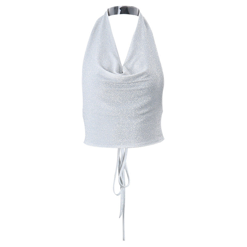 Voguable frat outfits Fashionable Autumn New Sexy Nightclub Bright Silk Reflective Swing Collar Backless Strap Halter Camisole for Women voguable