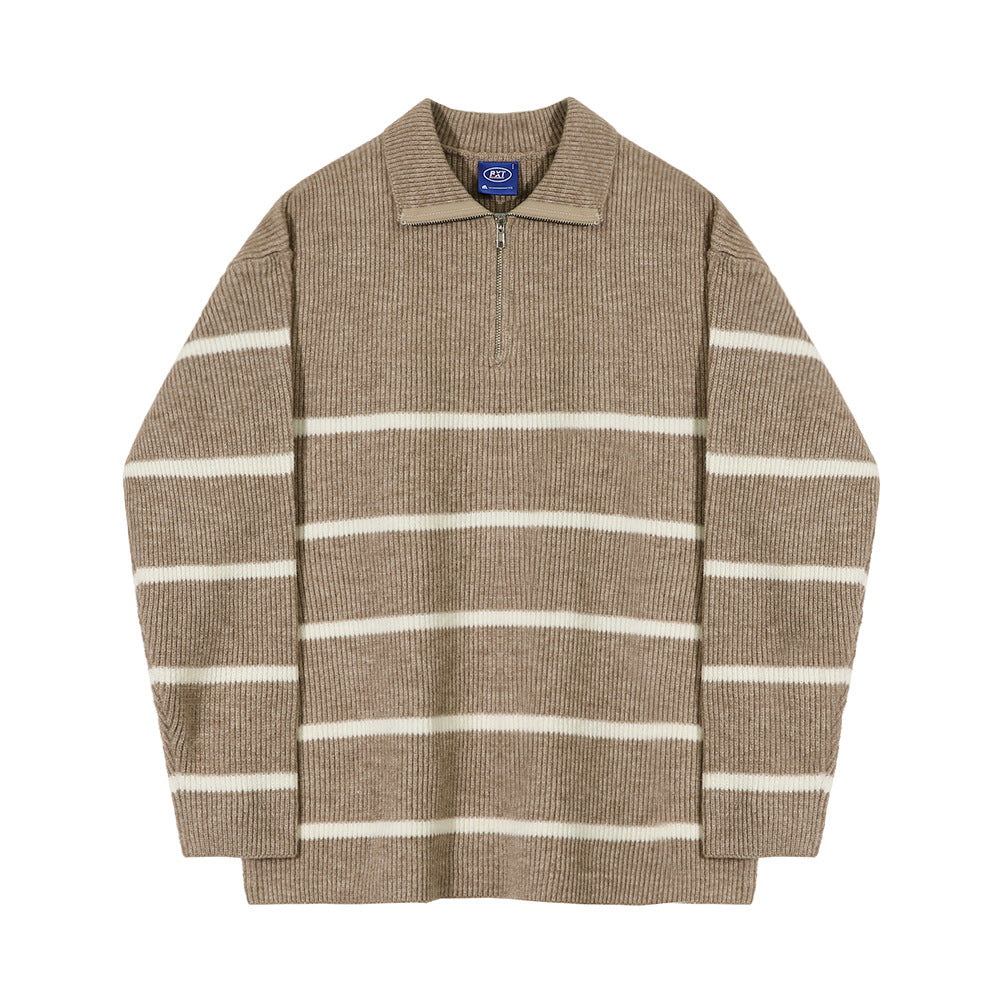 Voguable black men fashion urban Japanese Style Lapel Sweater Men's Autumn Korean Style Trendy Lazy Style Versatile Striped Pullover Half Zipper Knitted Coat Trendy voguable
