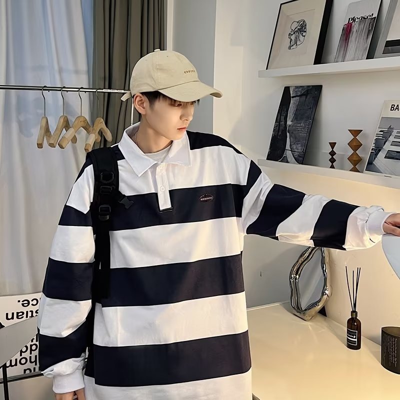 Voguable black men fashion urban Retro Color Matching Striped Long-Sleeved Polo Shirt Men's Fashion Brand Loose Boyfriend Style Couple Casual Sweater Jacket voguable