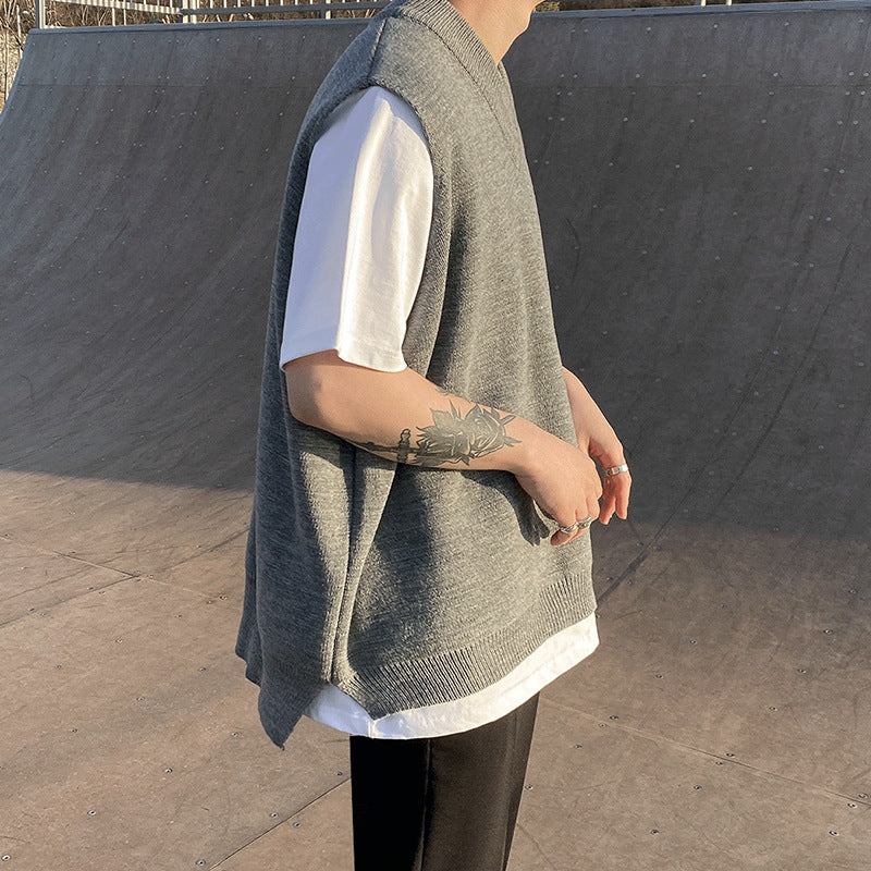 Voguable boy outfits Myq Men's V-neck Knitted Vest Korean Style Trendy All-Match Waistcoat Loose Vest Summer Sleeveless Jacket voguable
