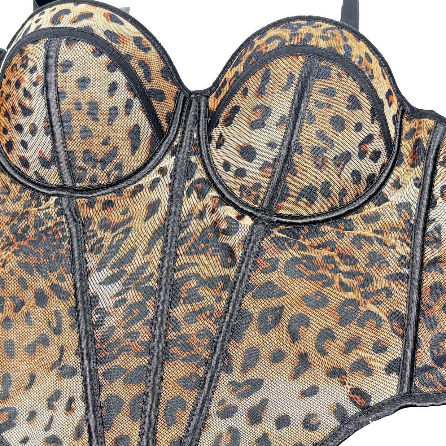 Voguable cheetah halloween costume Sexy Leopard Print Stitching Bra Strap High-Grade Inner Mesh Lace Transparent Outer Wear Fishbone Bra voguable