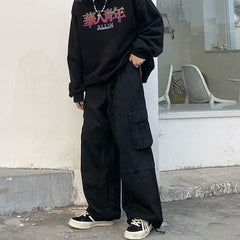 Voguable 90s streetwear Men's Stitching Overalls Spring and Autumn New Loose Korean Style Drawstring Casual Pants Youth Gas Straight Pants voguable