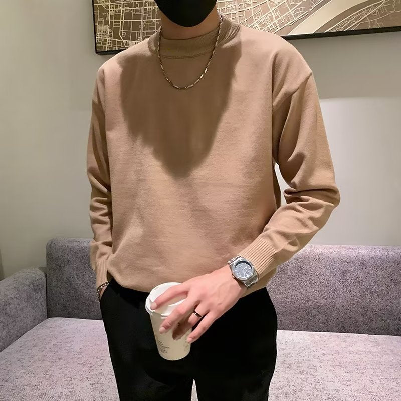 Voguable mens fashion Spring and Autumn New Pure Color Sweater Men's Fresh round Neck Basic Long Sleeve Youth Casual Drop Shoulder Bottoming Shirt voguable