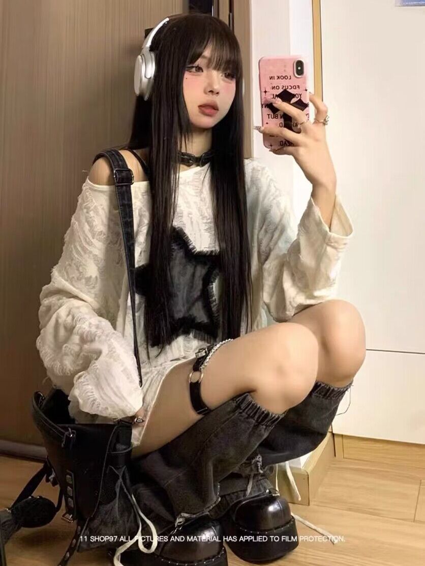 Voguable grunge dti Japanese Style Drawstring Gray Functional Style Hot Girl T-shirt Autumn Women's Top Star Ripped Loose Long Sleeve Bottoming Shirt Trendy voguable