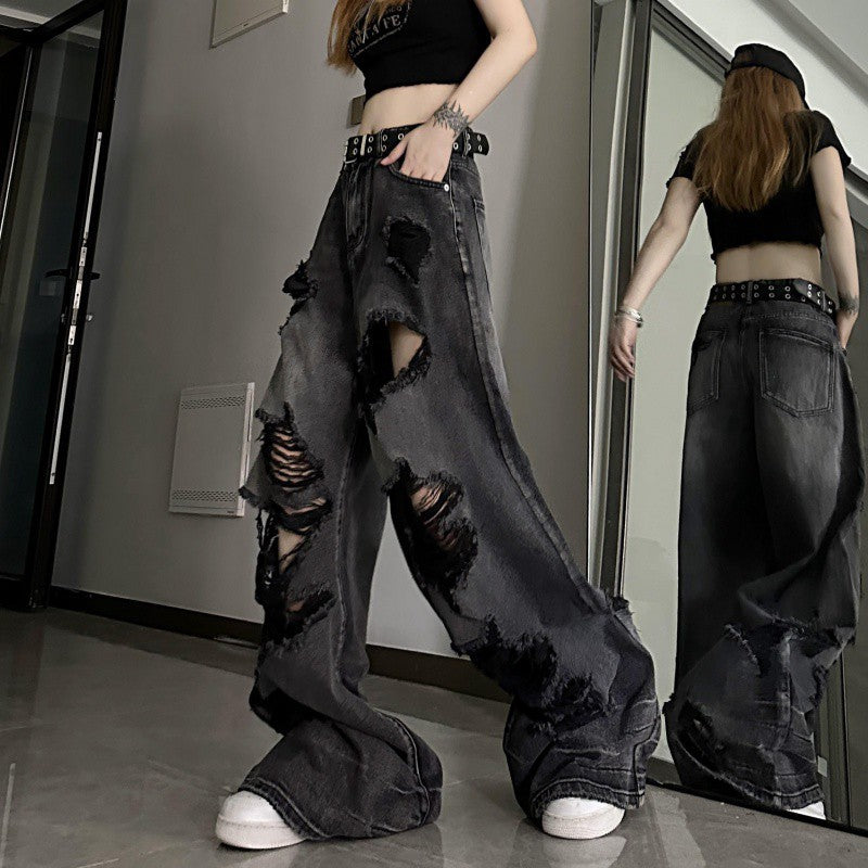Voguable grunge dti American High Street Ripped Jeans Men's and Women's Summer Loose Slimming Versatile Wide-Leg Trousers Washed Distressed Pants voguable