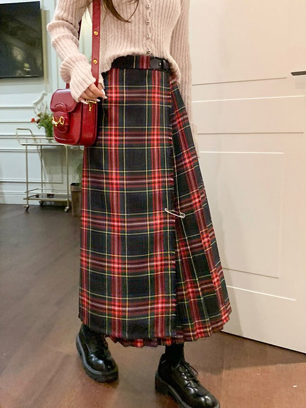 Voguable grunge outfits Retro Scottish Plaid Skirt Women's Long High Waist A- line Hip Skirt Slimming Draping Pleated Skirt voguable