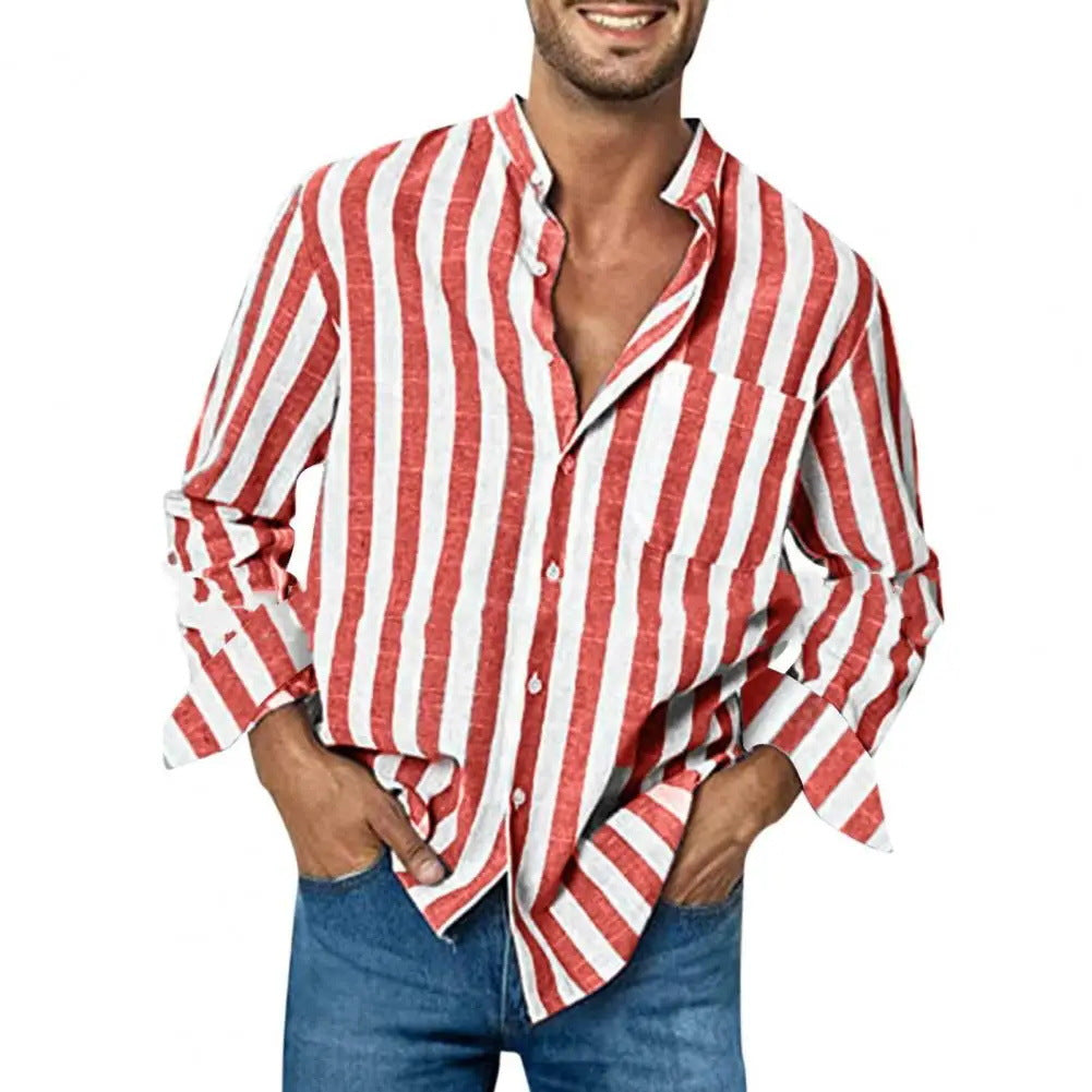 Voguable  Men's New High Quality Striped Simple Comfortable Long Sleeve Button Shirt voguable