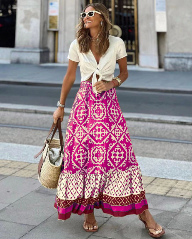 Voguable  Summer Bohemian Skirts Autumn New Sexy Women's Beachwear Cover-Ups Skirts Fashion Ladies Floral Printing High Waist Long Skirt voguable