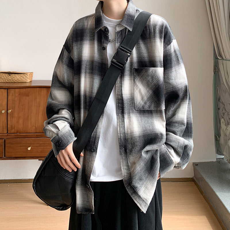 Voguable black men fashion urban Spring and Autumn Flannel Cotton Plaid Long-Sleeved Shirt Men's Japanese Wear Loose plus Size All-Match Top Coat voguable