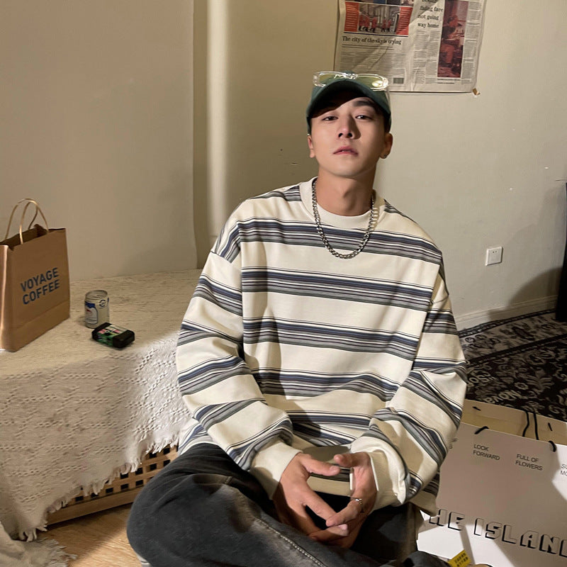 Voguable masc outfits Spring and Autumn Contrast Color Striped Shirt Men's Loose Clothes Pullover Casual round Neck Sweater Coat voguable