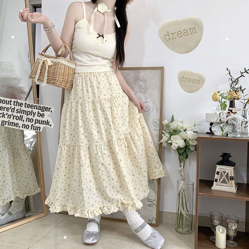 Voguable 90s fashion Young-Looking Wooden Ear Small Fresh Floral Skirt Women's Japanese Soft Girl Niche Super Sweet Stitching Cake Dress voguable