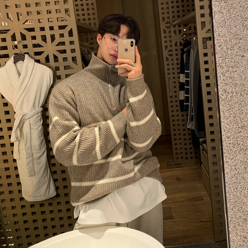 Voguable black men fashion urban Japanese Style Lapel Sweater Men's Autumn Korean Style Trendy Lazy Style Versatile Striped Pullover Half Zipper Knitted Coat Trendy voguable