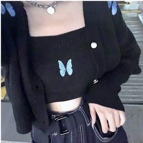 Voguable outfit Autumn New Korean Style Preppy Style Butterfly Embroidered Princess Sleeve Short Sling Coat Two-Piece Cardigan for Women voguable