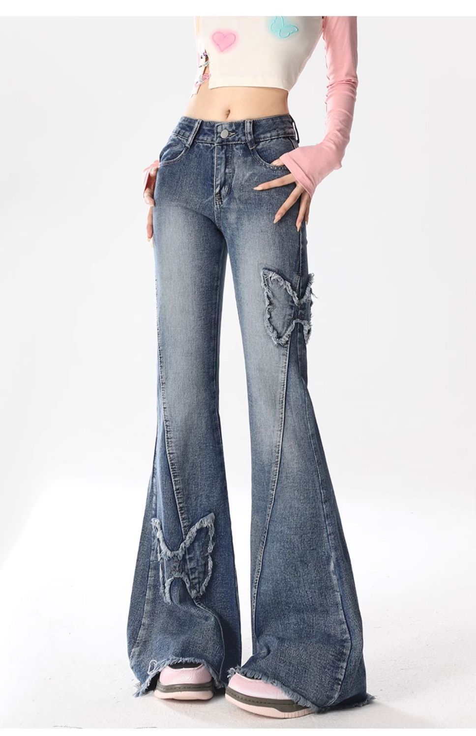 Voguable 2000s fashion American Retro Butterfly Embroidered Micro Flared Jeans for Women New Popular Design High Waist Mopping Pants voguable