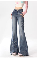 Voguable 2000s fashion American Retro Butterfly Embroidered Micro Flared Jeans for Women New Popular Design High Waist Mopping Pants voguable
