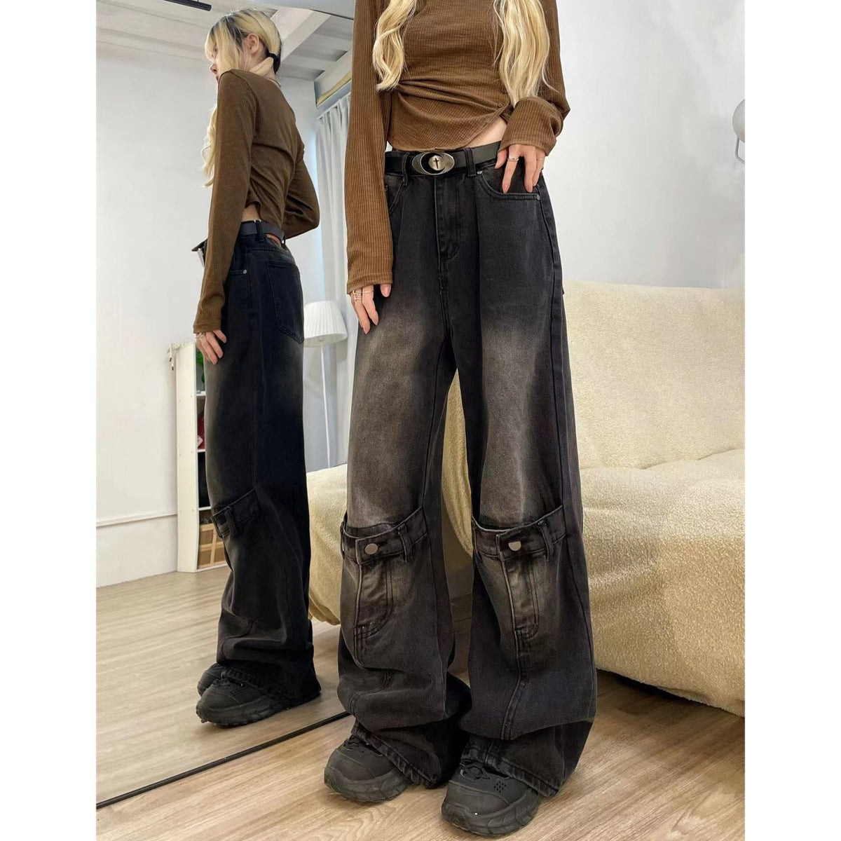 Voguable grunge dti American-Style Retro Black Stitching Ripped Jeans Women's High Street Loose Straight Wide-Leg Mopping Pants voguable