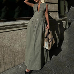 Voguable 2000s fashion New Fashion Ladies Fashion Casual Sleeveless Solid Color Waist Dress voguable