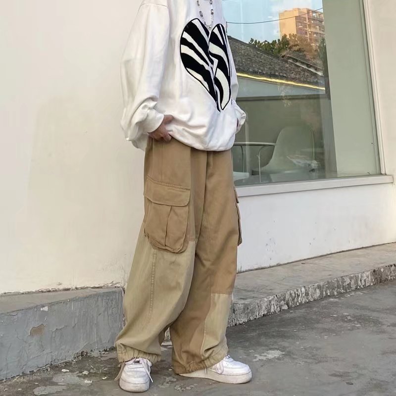 Voguable 90s streetwear Men's Stitching Overalls Spring and Autumn New Loose Korean Style Drawstring Casual Pants Youth Gas Straight Pants voguable