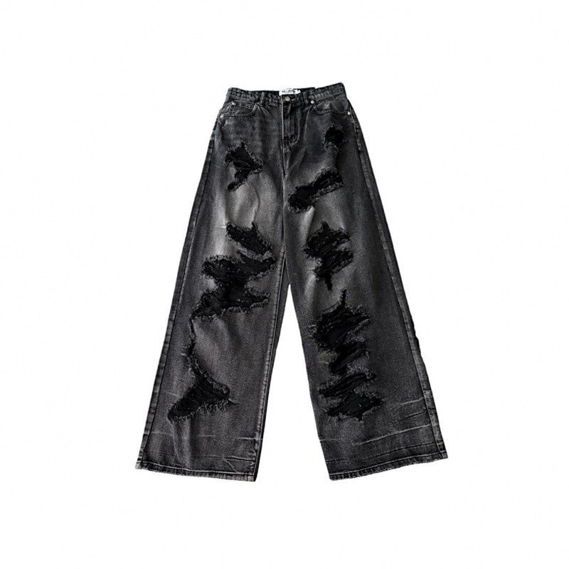Voguable grunge dti American High Street Ripped Jeans Men's and Women's Summer Loose Slimming Versatile Wide-Leg Trousers Washed Distressed Pants voguable
