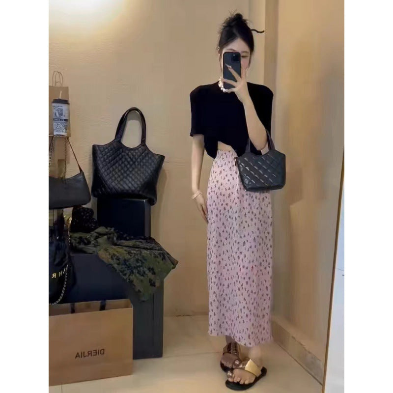 Voguable grunge outfits French Style Retro Tight Loose Waist Floral Skirt Women's Summer New Small High Waist Drape Pleated Split A- line Skirt voguable