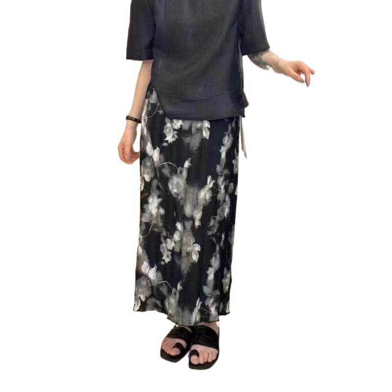 Voguable grunge outfits French Style Retro Tight Loose Waist Floral Skirt Women's Summer New Small High Waist Drape Pleated Split A- line Skirt voguable