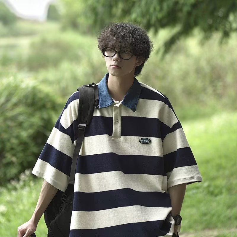 Voguable masc outfits American Retro Design Striped Top Men's and Women's Summer Loose All-Match College Style Couple Polo Shirt Short Sleeve Fashion voguable