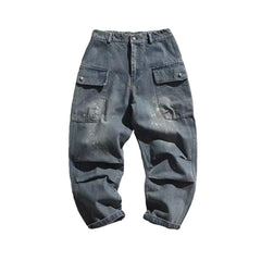 Voguable mens outfits American Style Street Washed Workwear Blue Jeans Men's Summer Loose All-Match Casual Trousers Straight Pants voguable