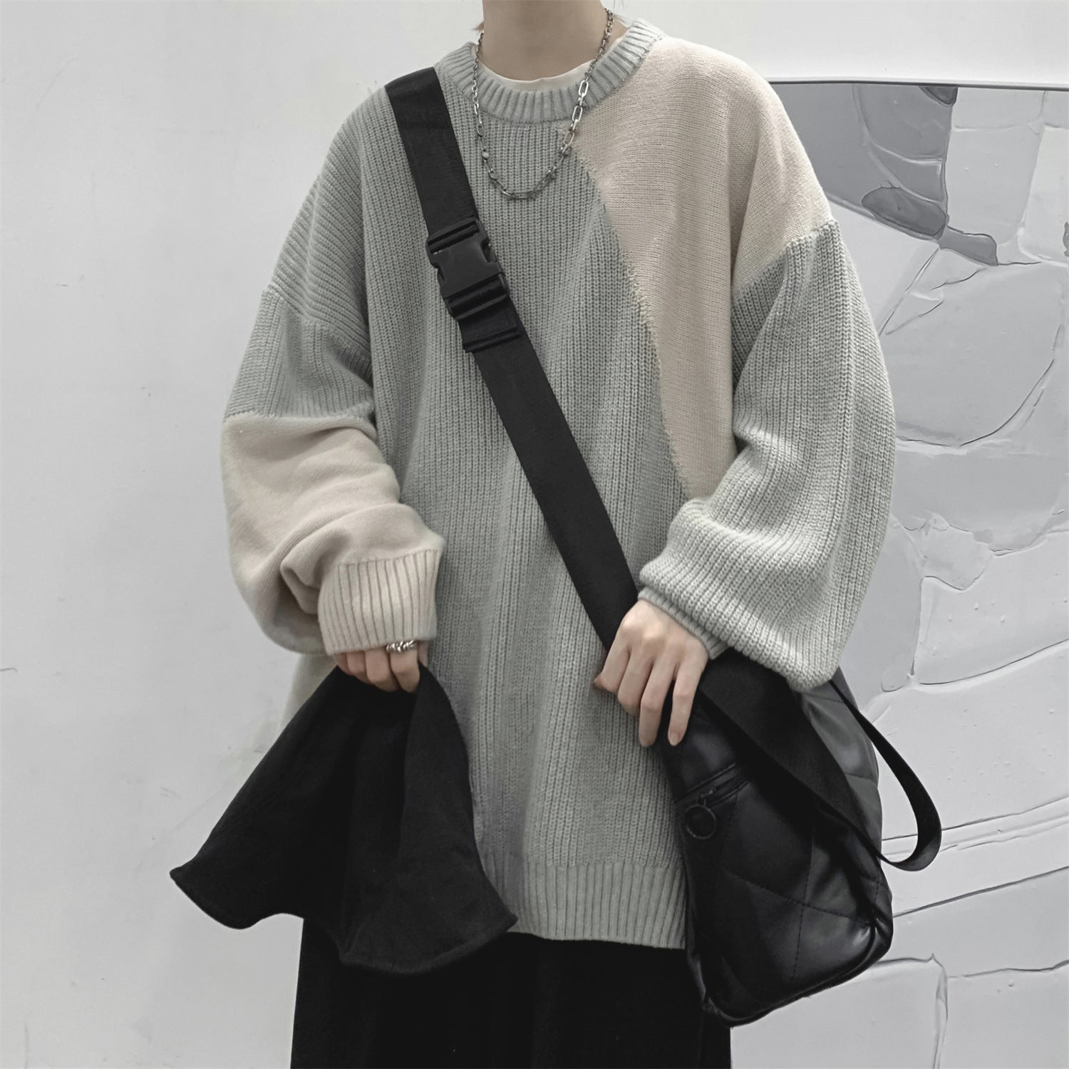 Voguable 90s streetwear round Neck Sweater Men's Winter New Fashion Brand Sweater Coat Design Sense Niche Stitching Contrast Color Sweater voguable